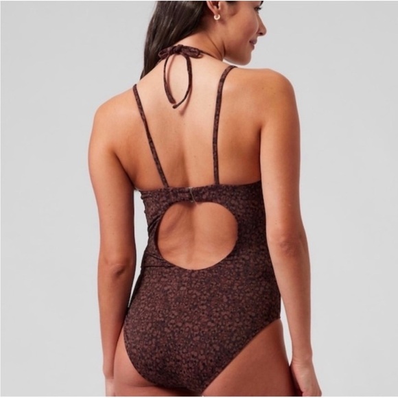 Athleta Animal Print Chocolate Brown One Piece Keyhole Swimsuit Floral Large - Picture 2 of 8